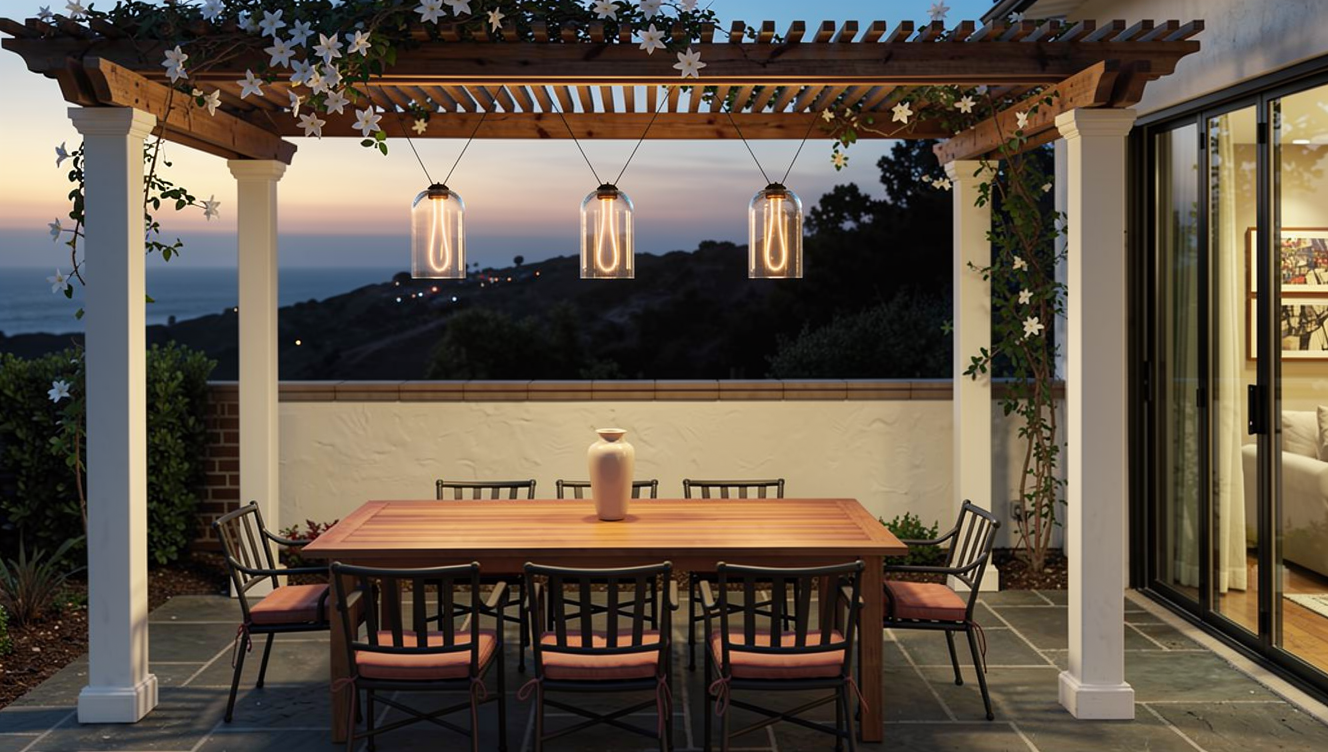 Coastal pergola with glass bell pendants over a dining table