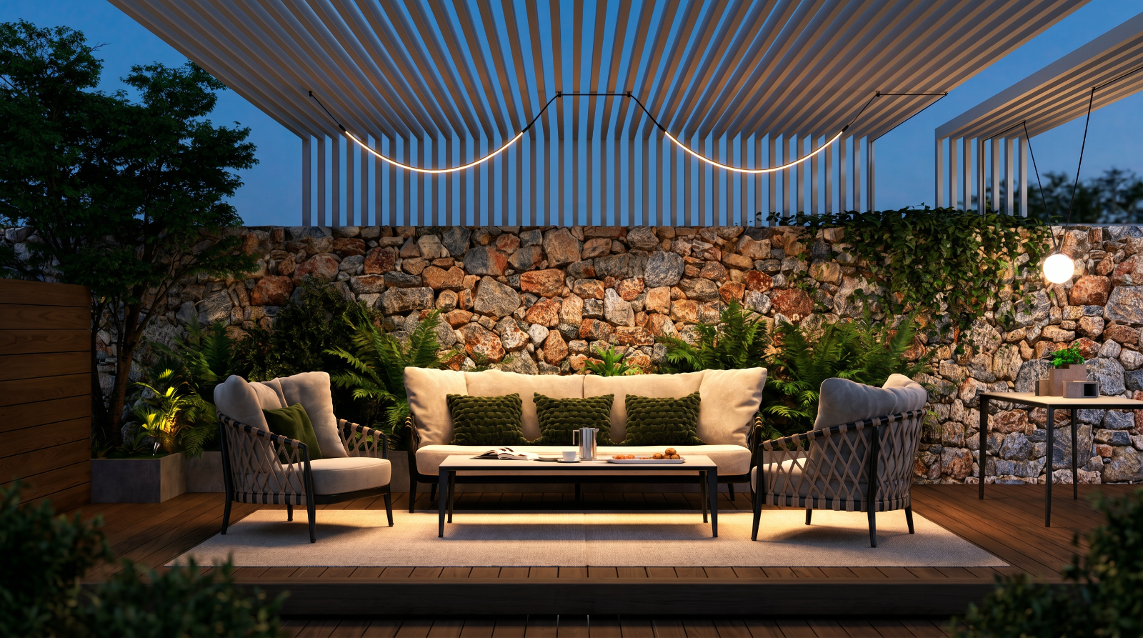 A curved LED strip bent along a stone-wall pergola