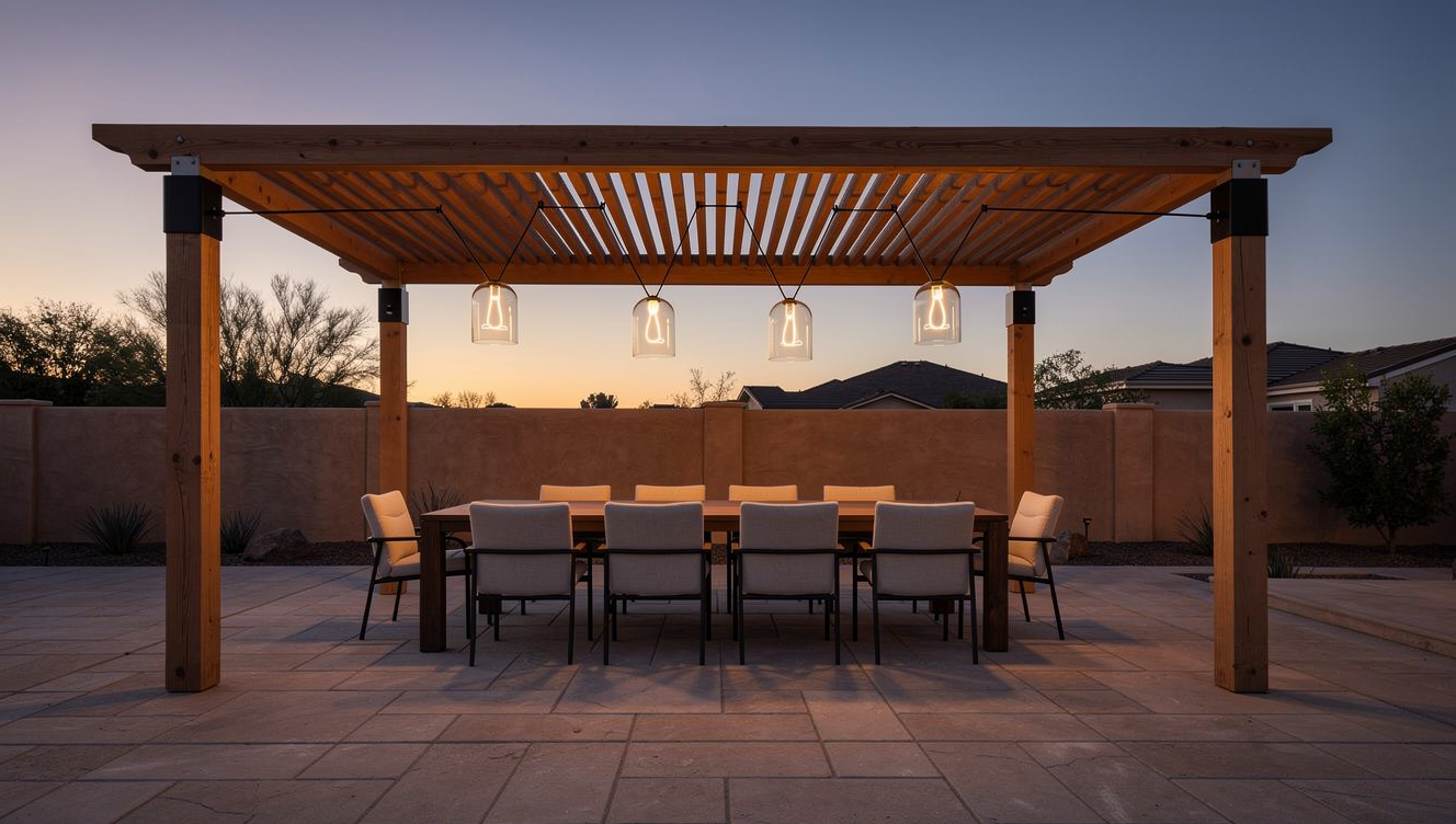 Arizona desert pergola at dusk with glass bell pendants